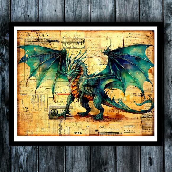 Blue Dragon Fantasy Art Print Wall Decor Mixed Media Collage Style Art Print - Picture 1 of 4